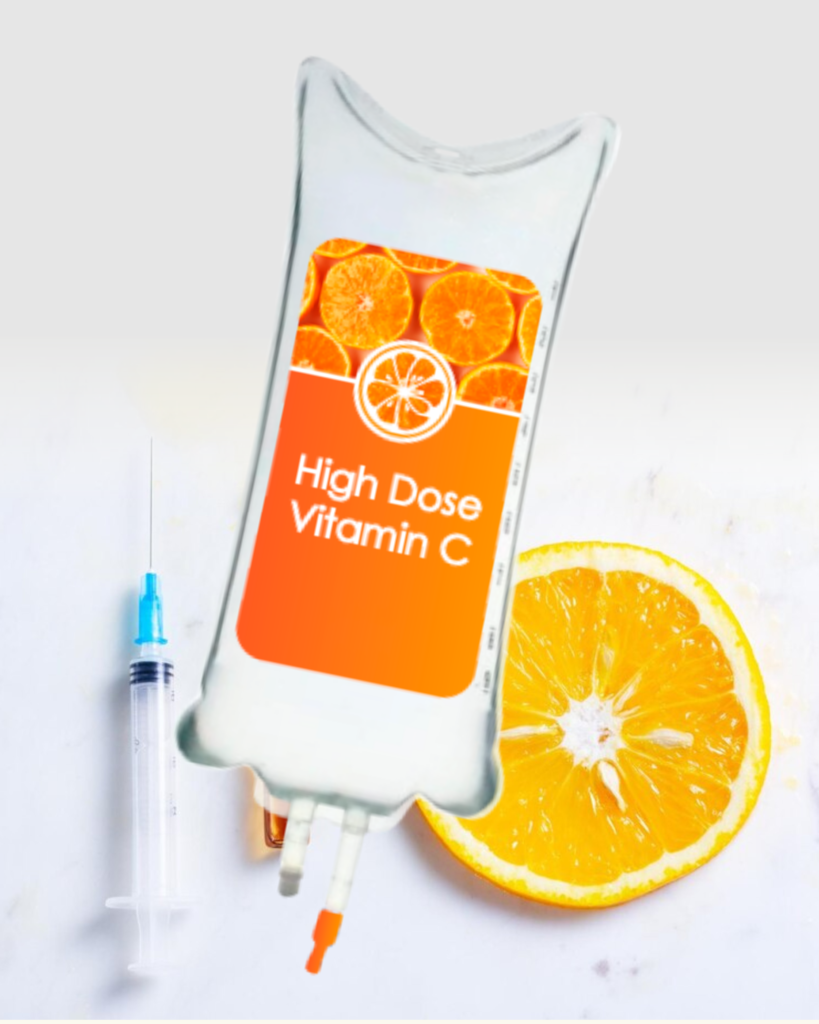 A saline solution bag with a syringe and a slice of orange as background